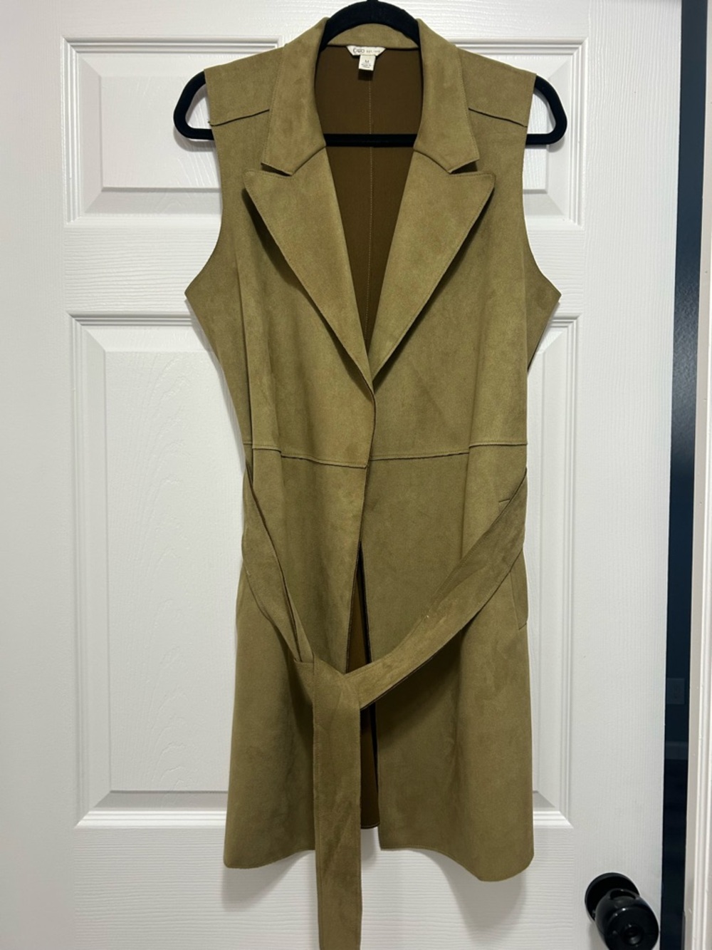 Cato Olive Green  Suede Sleeveless Trench Vest with Self-Tie Belt